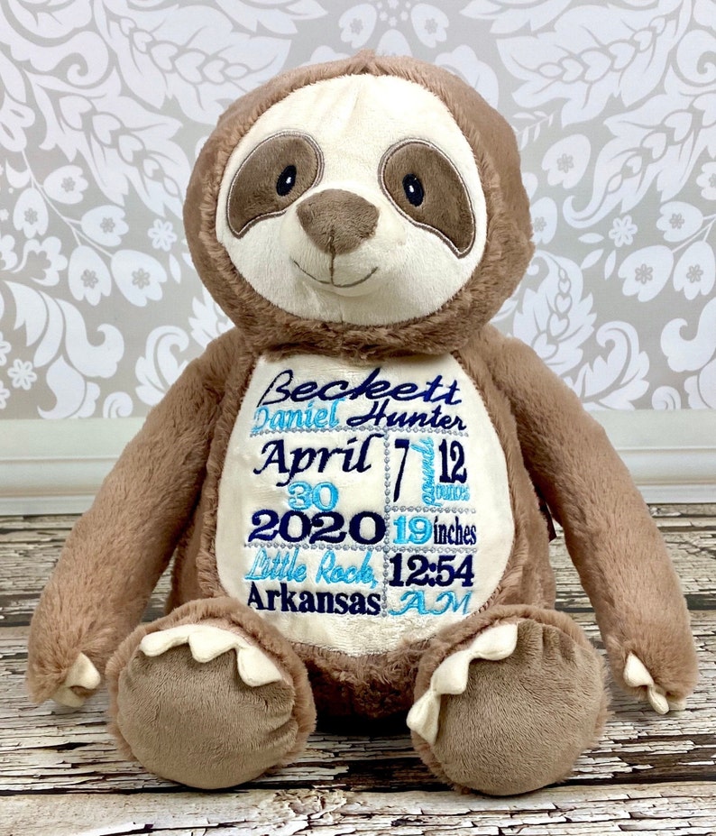 Personalized Stuffed Animal Birth Announcement Stuffed Animal Subway Art Baby Gift Birth Gift for Newborn Baby Photo Prop Sloth