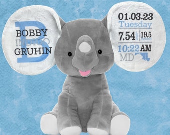 Personalized Elephant Keepsake Birth Announcement  -  Elephant Baby Gift - Customizable Stuffed Animal