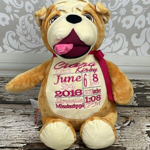 Personalized Stuffed Animal Birth Announcement Stuffed Animal Subway Art Baby Gift Birth Gift for Newborn Baby Photo Prop Bulldog