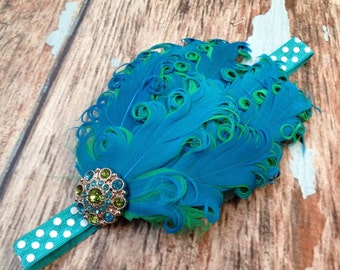 Feather Headband - Turquoise/Green - Turquoise Headband - Polka Dot Toddler Headband