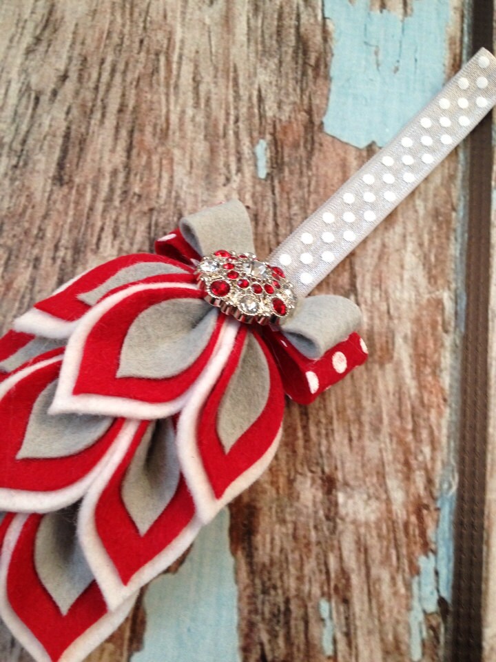 Red / White / Grey Flower Headband - Felt Dahlia Petals Polka Dots ...