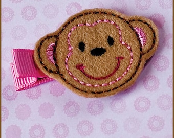 Felt Monkey Hair Clip - Brown/Pink - Baby Monkey Hair Clip - Newborn Felt Hair Clip - Clippie