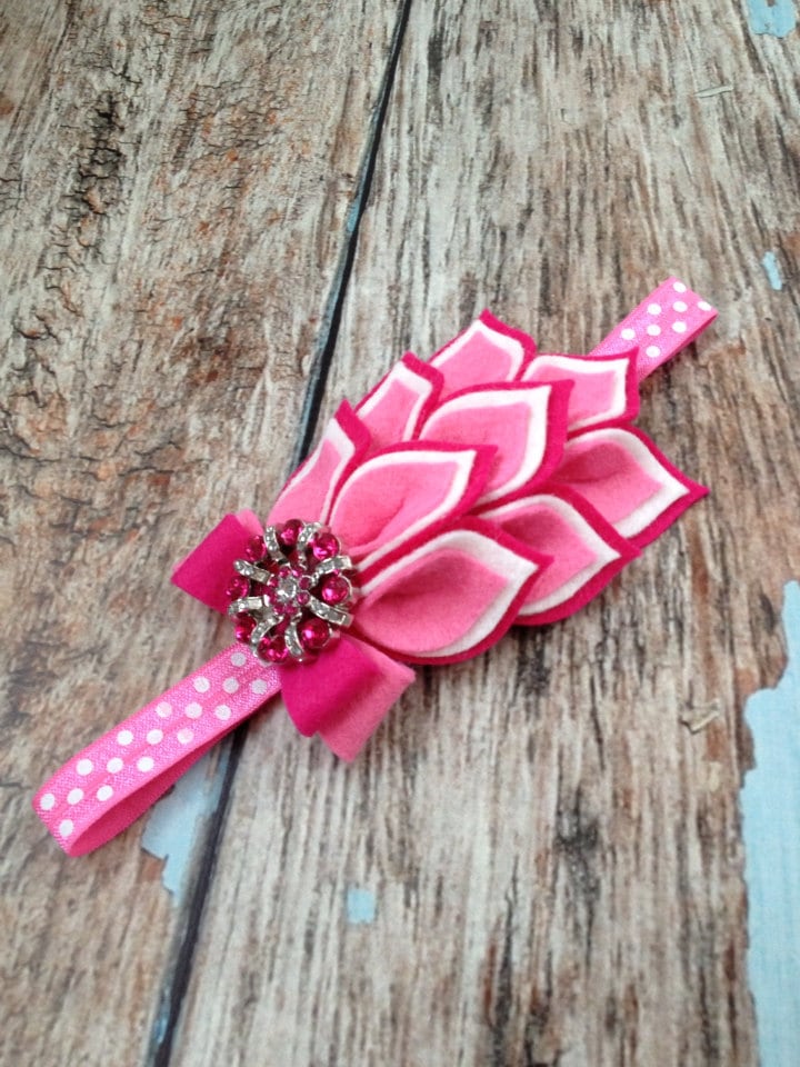 Hot Pink / Pink / White Flower Headband - Felt Dahlia Petals Polka Dot ...