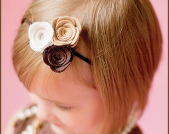 Neutral Felt Roses Headband - Brown/Camel/White Flower Headband - Felt Trio Headband