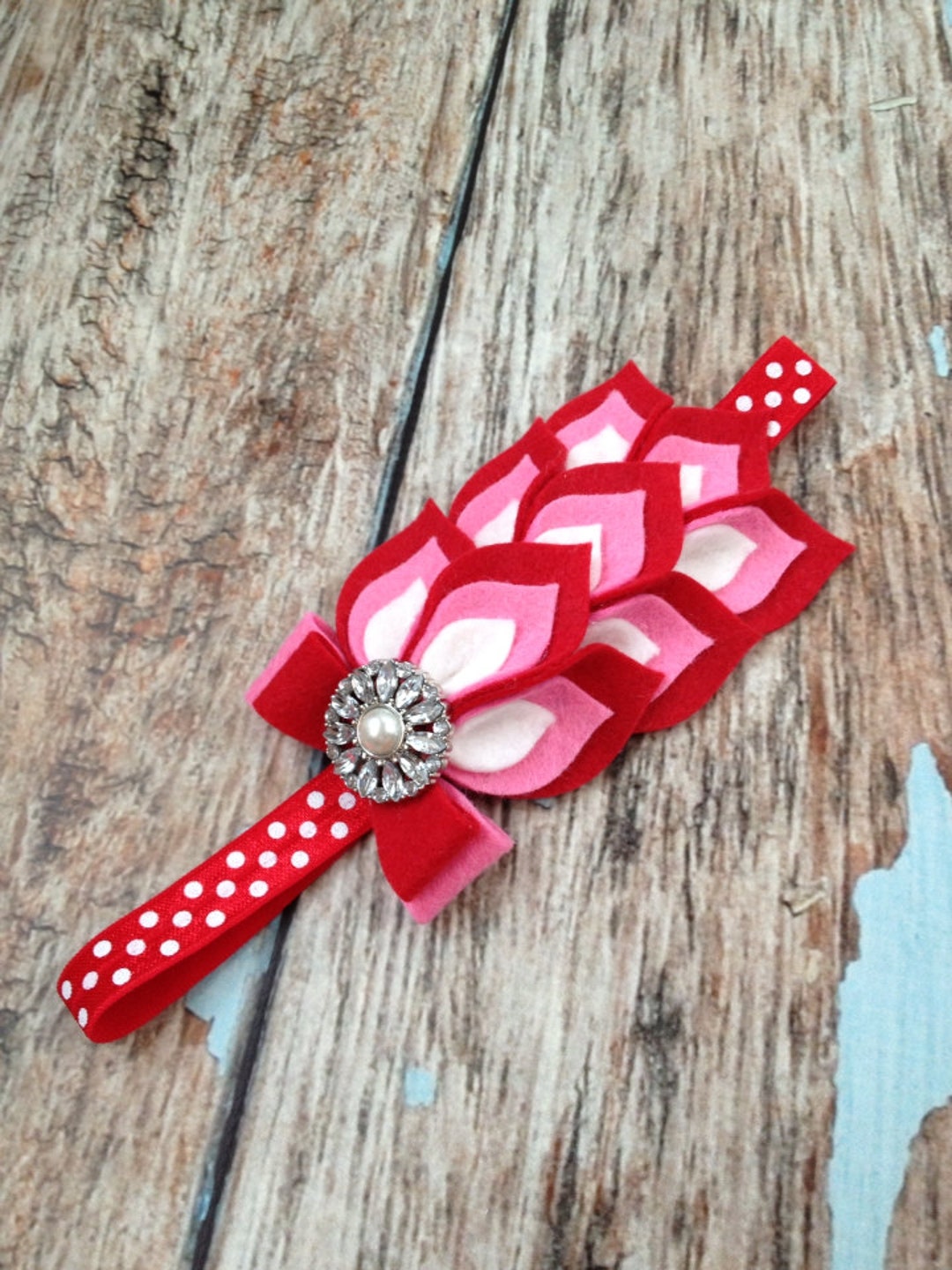 Red / Pink / White Flower Headband - Felt Dahlia Petals Polka Dot ...