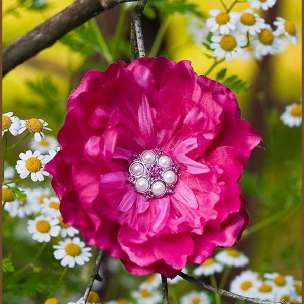 Pink Peony Hair Clip  -  Smaller Shocking Pink - Pink Flower Hair Clip - Adult Hair Clip