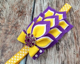 Purple Yellow Felt Headband - Felt Dahlia Petals Polka Dot Headband - LSU Colors Headband