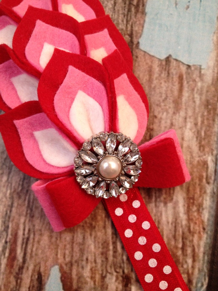 Red / Pink / White Flower Headband - Felt Dahlia Petals Polka Dot ...