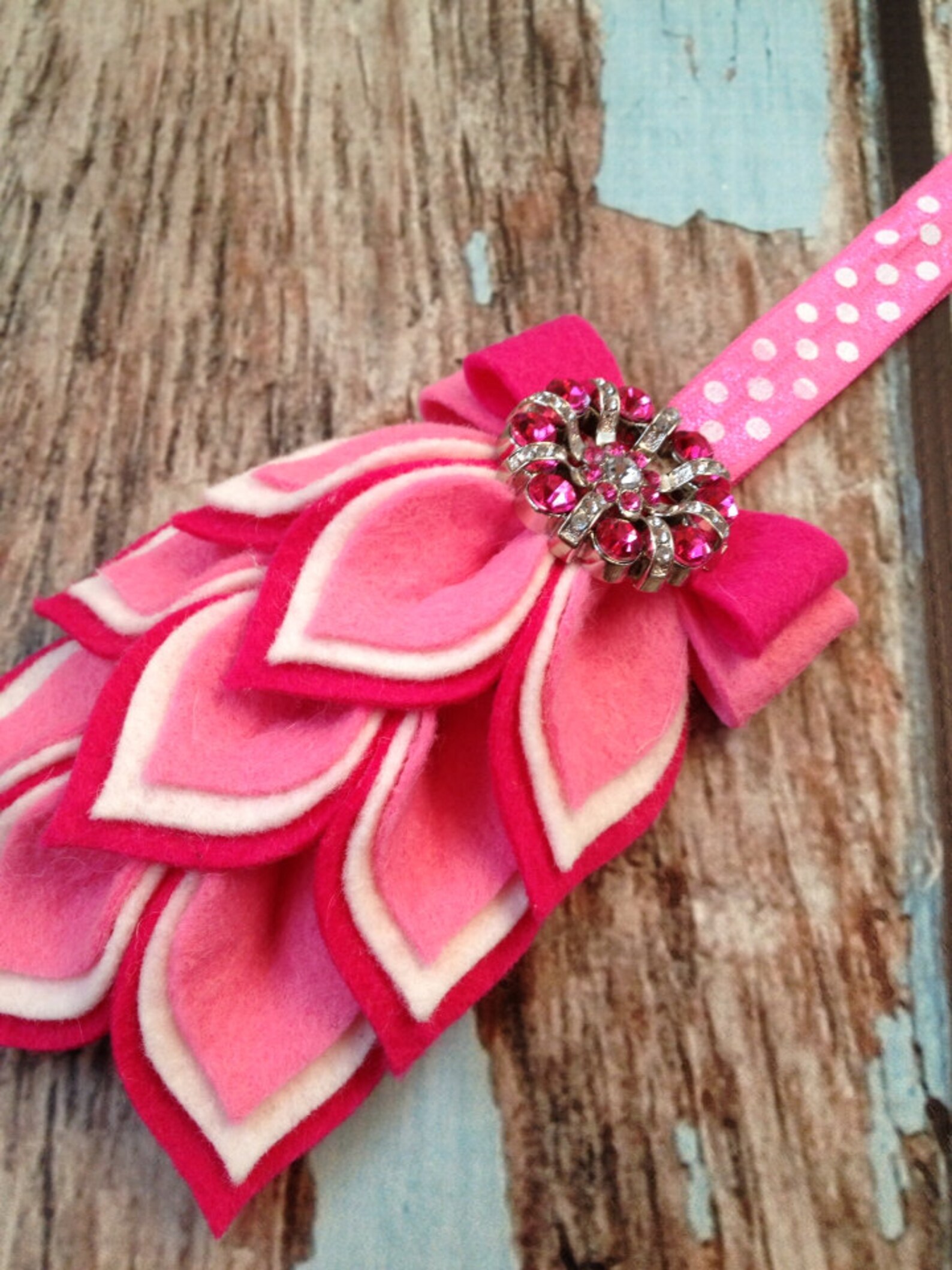 Hot Pink / Pink / White Flower Headband - Felt Dahlia Petals Polka Dot ...