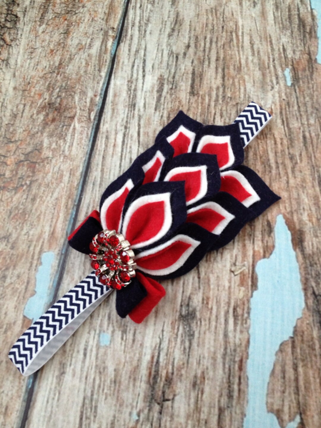 Navy / Red / White Flower Headband - Felt Dahlia Petals Chevron ...
