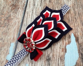 Navy / Red / White Flower Headband - Felt Dahlia Petals Chevron Headband - Red White Blue Headband - Patriotic Headband