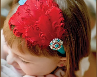 Red Feather Headband - Red/Turquoise Headband - Baby Feather Headband - Toddler Headband - Turquoise Headband - Feather Headband