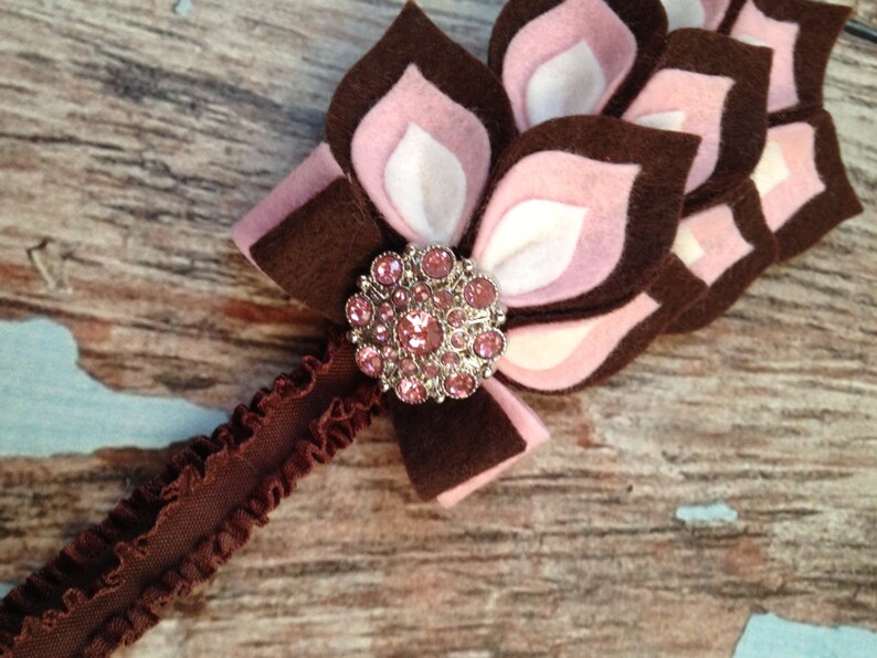 Brown / Pink Flower Headband - Felt Dahlia Petals Ruffle Elastic ...