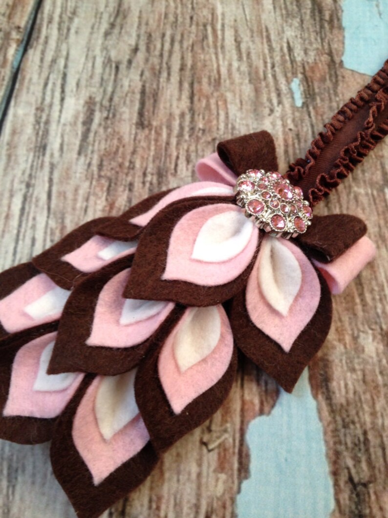 Brown / Pink Flower Headband - Felt Dahlia Petals Ruffle Elastic ...