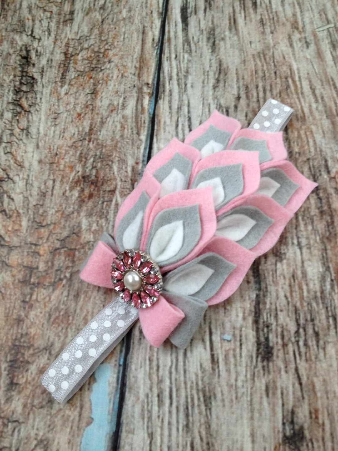 Pink / Grey / White Flower Headband - Felt Dahlia Petals Polka Dots ...