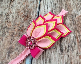 Hot Pink / Chartreuse / Pink Flower Headband - Felt Dahlia Petals Ruffle Elastic Headband - Pink Felt Headband