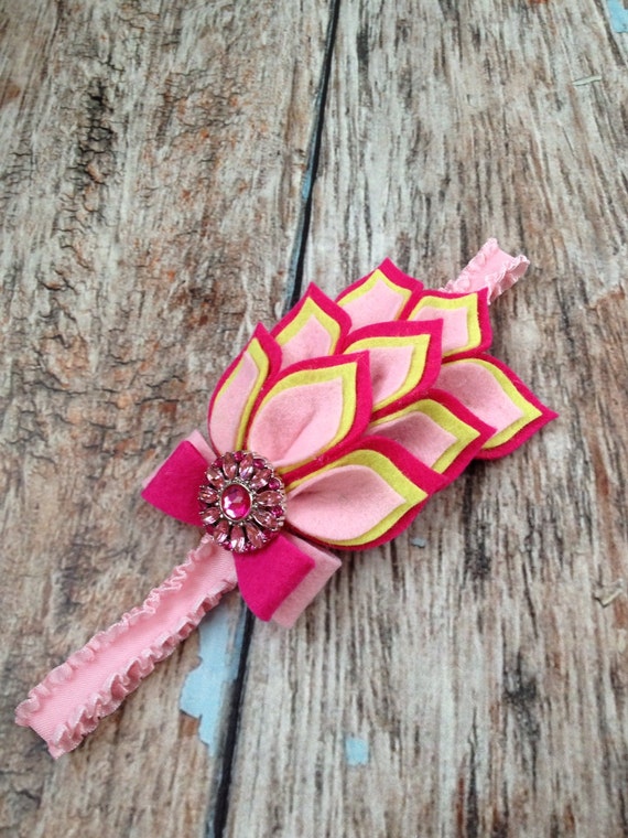 Hot Pink / Chartreuse / Pink Flower Headband - Felt Dahlia  display picture 3