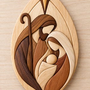May include: A marquetry wall plaque in an elongated oval shape featuring a stylised nativity scene. The composition includes three figures in light, medium, and dark wood tones, with a four-pointed star at the top and a shepherd's staff.
