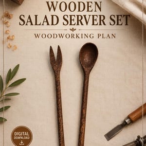 Könnte beinhalten: Ein Holzbearbeitungsplan für ein Salatbesteck-Set aus Holz von ByraimaStudio. Der digitale Download enthält eine Schritt-für-Schritt-Anleitung und eine Vorlage in Originalgröße. Abgebildet sind eine dunkle Holzgabel und ein Holzlöffel.