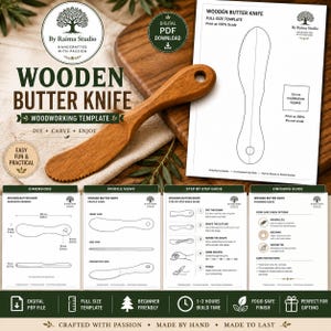 May include: A wooden butter knife woodworking template featuring a digital PDF download, a full-size outline, and detailed instructional guides. The documents include dimensions in millimeters, step-by-step building instructions, and a finishing guide.