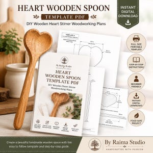 May include: A digital PDF template for a heart-shaped wooden spoon, including woodworking plans with diagrams, measurements in inches, and step-by-step instructions. The set features a finished wooden spoon with a heart-shaped bowl and long handle.