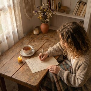 May include: A person writing on a paper with the text "New Scene Book" at a wooden table. A cup of tea, a candle, and a vase of dried flowers are also on the table. The person is wearing a beige sweater and sitting near a window.