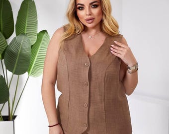 Plus Size Linen Pants Set Women, Palazzo Pants Suit, Vest Pants Set, Linen Two Piece Set, Elegant Plus Size Outfit, Wide Leg Pants Set