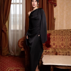 black 1 sleeve dress Adriana One Shoulder Maxi Dress for Women, Black, AU6 US2, Signature Occasion Satin