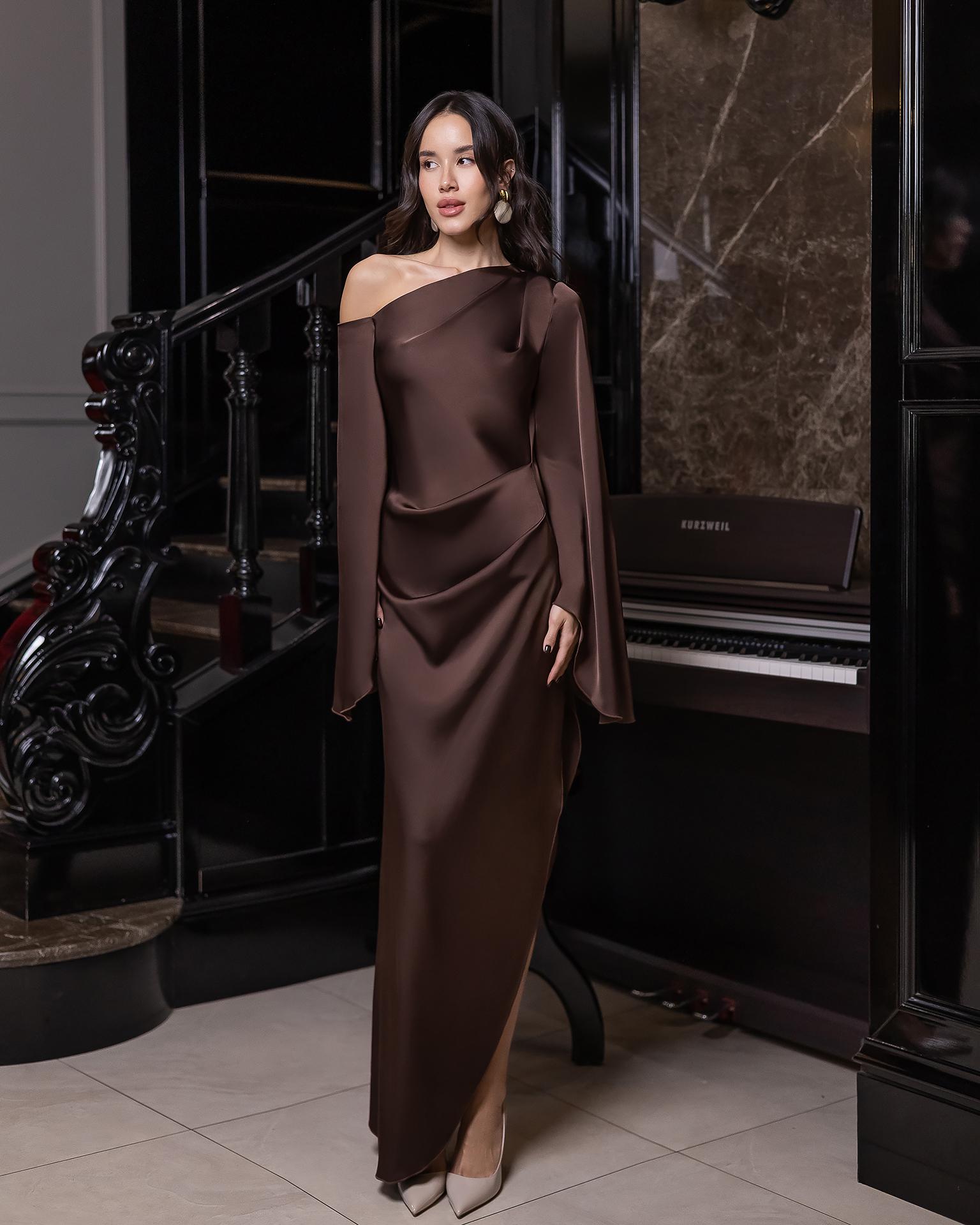chocolate brown midi dress wedding guest Square Neck Midi Dress in Chocolate Brown - S
