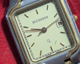 Vintage Rare Bucherer Q 7.286.0.0.30 Quartz Golden Tank Two Tone Dial 27MM SWISS