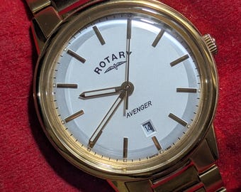 Vintage Rotary Avenger Quartz GB05343 Gold Plated Case Bracelet White Dial Date 39MM Men's Dress Watch