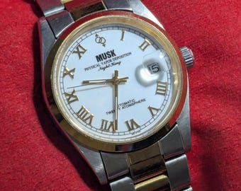 Vintage Musk Night King Two Tone Golden Case Bracelet Golden White Roman Dial 21J AUT Men's Dress Watch
