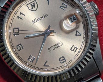 Vintage Nivada Automatic N014M Salmon Dial Date Just 21J Fluted Bezel 37MM JDM