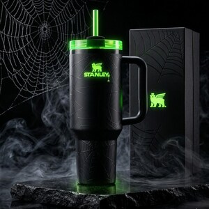 May include: Black Stanley tumbler with a green lid, straw, and handle. The tumbler features a spiderweb design and the Stanley logo in green. A matching box is also present, with a glowing green logo.