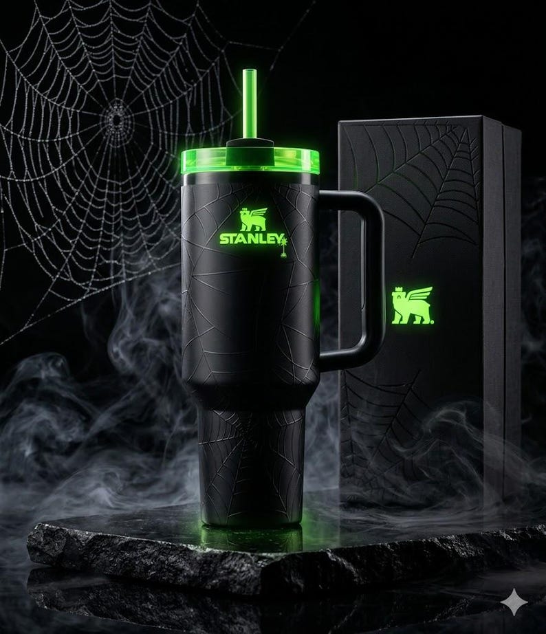 May include: Black Stanley tumbler with a green lid, straw, and handle. The tumbler features a spiderweb design and the Stanley logo in green. A matching box is also present, with a glowing green logo.