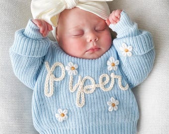 Personalized Baby Sweater with Name, Hand Embroidered Baby Name Sweater, Custom Knit Newborn Sweater, Baby Shower Gift, Baby Keepsake