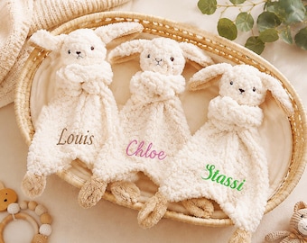 Couverture personnalisée Lapin Lovey avec nom brodé, couverture de sécurité pour bébé en peluche douce, cadeau de baby shower pour nouveau-né