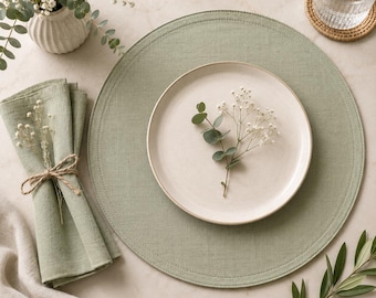 Round Linen Placemats Set, Linen Placemats with Napkins, Farmhouse Table Decor, Rustic Table Setting, Wedding Dining Decor