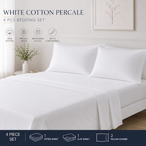 Op de afbeelding: Witte 4-delige beddengoedset van katoen percal. De set bevat een hoeslaken, een plat laken en twee kussenslopen. Het beddengoed is gemaakt van 100% katoen en is ademend en comfortabel. De tekst luidt "White Cotton Percale" en "4 PCS Bedding Set."