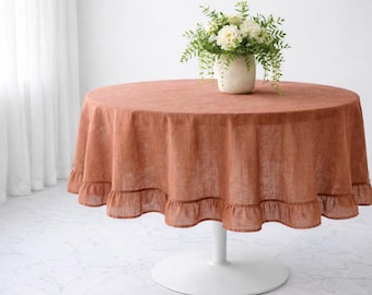 Washed Linen Ruffle Tablecloth. European Flex Custom Size Ruffle Tablecloth. Natural Dining Ruffle Table Cover.