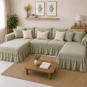 Może przedstawiać: Jasnozielona sofa modułowa z falbanami. Sofa jest ozdobiona kilkoma poduszkami w neutralnych odcieniach. Drewniany stolik kawowy i tkany dywan dopełniają przytulną aranżację salonu.