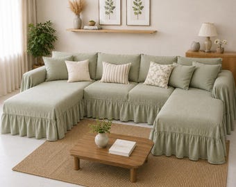 Handgefertigtes Leinen L Form Sofa Bezug | Rüschen Schnitt Couch Slipcover | Loose Fit Leinen Chaise Lounge Cover | Landhaus Sofa Schoner