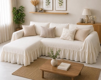 Handmade Linen L Shape Sofa Cover | Ruffle Sectional Couch Slipcover | Loose Fit Linen Chaise Lounge Cover | Farmhouse Sofa Protector