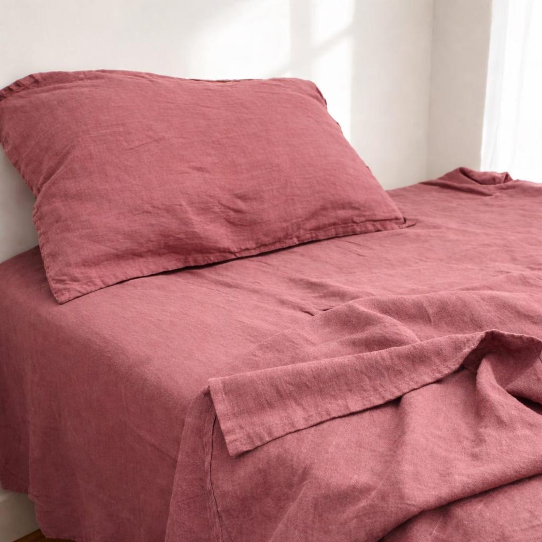 Dusty Rose Linen 4 Pcs Bedding Set, Linen Fitted & Flat Sheet With ...