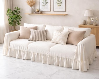 Copridivano con volant in lino color bianco sporco, copridivano flessibile effetto stone washed, plaid per divano su misura, copridivano flessibile con volant realizzato a mano in stile europeo.
