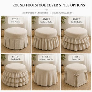 Pode incluir: Uma exibi&ccedil;&atilde;o de seis capas redondas para apoio para os p&eacute;s em tecido de linho natural. O texto diz ROUND FOOTSTOOL COVER STYLE OPTIONS, MEDIUM WEIGHT LINEN FABRIC, COLOR: NATURAL LINEN, e r&oacute;tulos para Style 1 Box Pleated, 2 Gathered Ruffle, 3 Double Ruffle, 4 Triple Ruffle, 5 Relaxed Loose Fit e 6 Corner Tie.