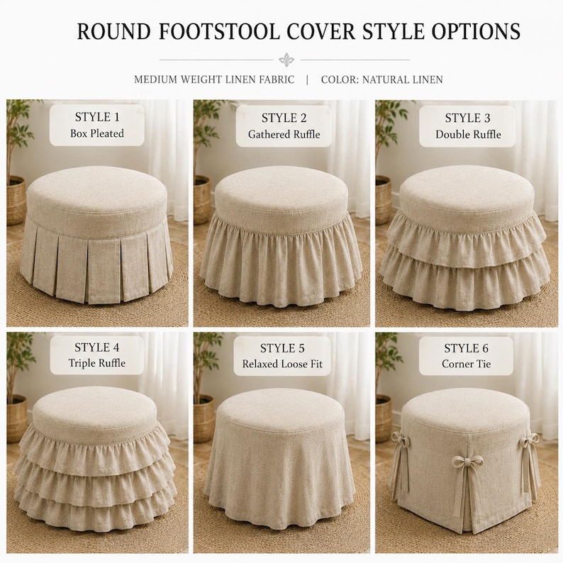 Pode incluir: Uma exibi&ccedil;&atilde;o de seis capas redondas para apoio para os p&eacute;s em tecido de linho natural. O texto diz ROUND FOOTSTOOL COVER STYLE OPTIONS, MEDIUM WEIGHT LINEN FABRIC, COLOR: NATURAL LINEN, e r&oacute;tulos para Style 1 Box Pleated, 2 Gathered Ruffle, 3 Double Ruffle, 4 Triple Ruffle, 5 Relaxed Loose Fit e 6 Corner Tie.