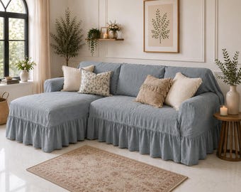 Handmade Linen L Shape Sofa Cover | Ruffle Sectional Couch Slipcover | Loose Fit Linen Chaise Lounge Cover | Farmhouse Sofa Protector