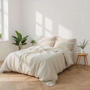 May include: A beige bed with a duvet cover and pillows. The bed is in a bright room with a wooden floor and a small wooden side table. A large green plant is next to the bed.