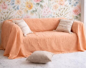 Aprikosenfarbener Leinensofabezug, gewaschener Leinencouchbezug, Sofaüberwurf in individueller Größe, minimalistischer Couchbezug.